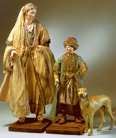 pastorella ricca con giovane servo e cane