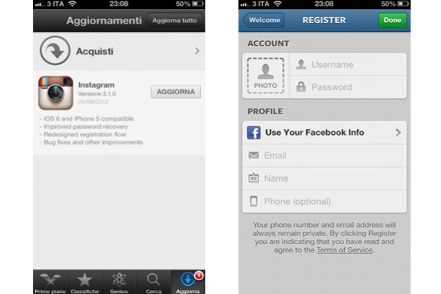 Instagram si aggiorna includendo il supporto ad iPhone 5 ed iOS 6 e rimuovendo i live-filter.