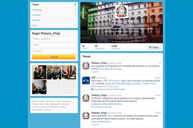 Palazzo Chigi inaugura l'account su Twitter.