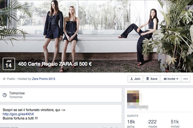 Facebook, la nuova bufala delle carte regalo Zara da 500 euro.