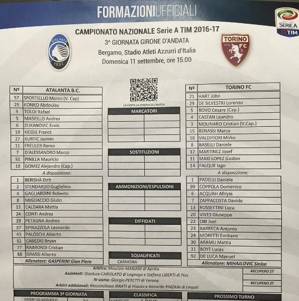 Atalanta - Torino, le formazioni ufficiali