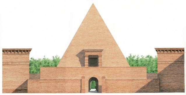 Alzato colorato ad acquerello della piramide all’interno del Labirinto (© Franco Maria Ricci/Pier Carlo Bontempi)