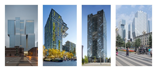Da sinistra: De Rotterdam, Rotterdam / OMA, One Central Park, Sydney / Ateliers Jean Nouvel, Renaissance Barcelona Fira Hotel, Barcellona / Ateliers Jean Nouvel, Sliced Porosity Block, Chengdu / Steven Holl Architects