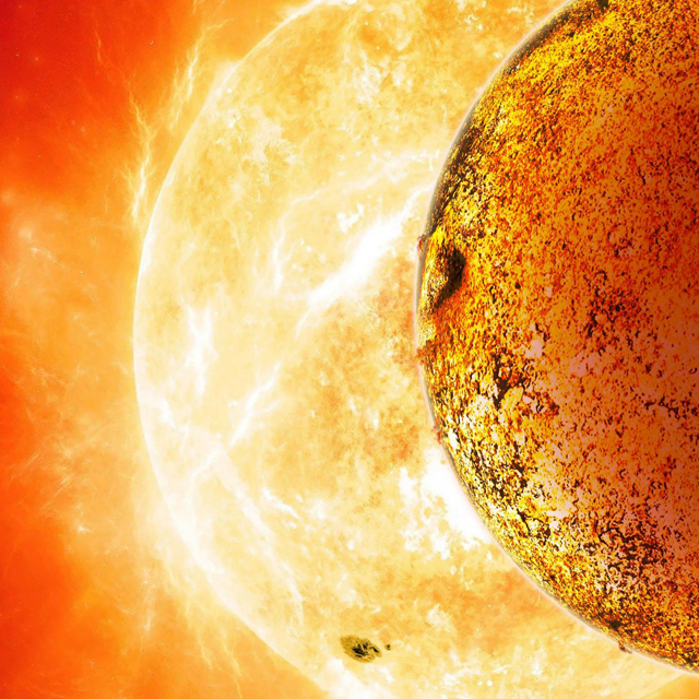 Rappresentazione grafica di Kepler 78–b davanti alla sua stella. Il tempo di rivoluzione intorno a Kpeler è solo di 8 ore – a differenza dell'anno della Terra – per via dell'orbita molto ristretta e ravvicinata intorno alla stella.