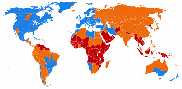 Dove sono istituite ora solare e legale. In blu gli stati che adottano il cambio d'ora; in arancione chi l'ha utilizzato in passato; in rosso chi non lo ha mai applicato (Foto da Wikipedia).