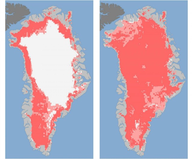 A sinistra, la Groenlandia l'8 luglio del 2012 con circa il 40% della calotta di ghiaccio fusa. Accanto, appena quattro giorni dopo, il 12, la calotta fusa per il 97% (foto NASA)