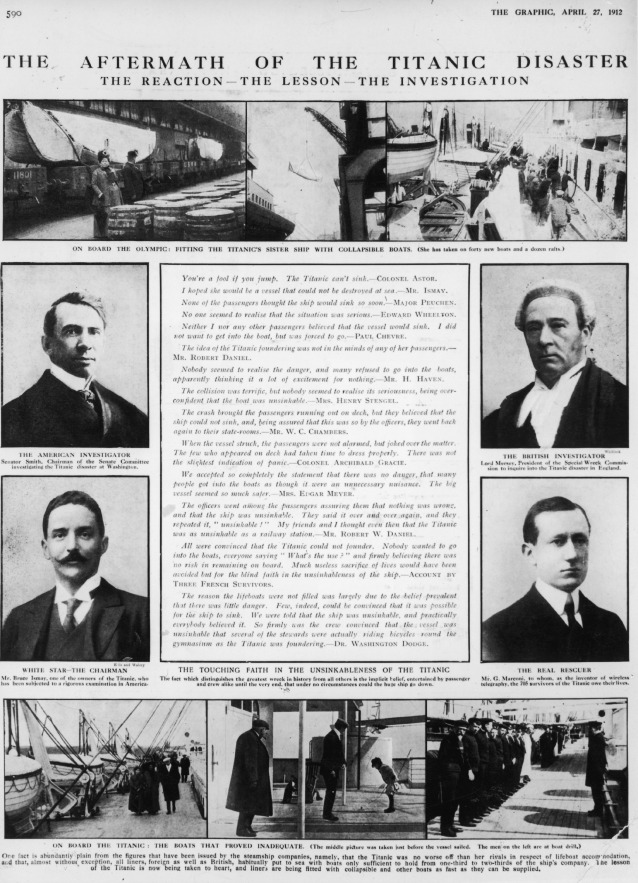 A Guglielmo Marconi venne riconosciuto il merito di aver contribuito, con la sua scoperta, a salvare centinaia di vite dal disastro del Titanic, grazie al segnale di SOS che fu lanciato via radio poco prima di affondare (qui, su una pagina del The Graphic del 27 aprile del 1912 è indicato come "Il vero salvatore")