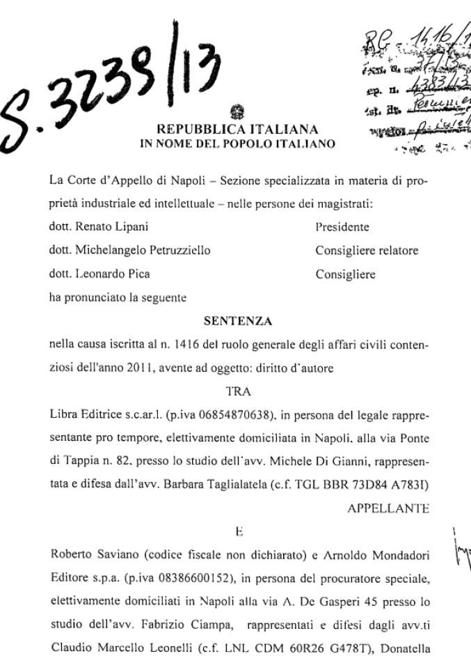 LA SENTENZA DI CONDANNA PER ROBERTO SAVIANO - PDF