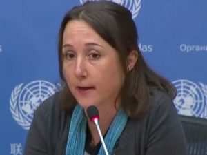 Eva Bartlett alla conferenza stampa organizzata dalla missione siriana all'Onu
