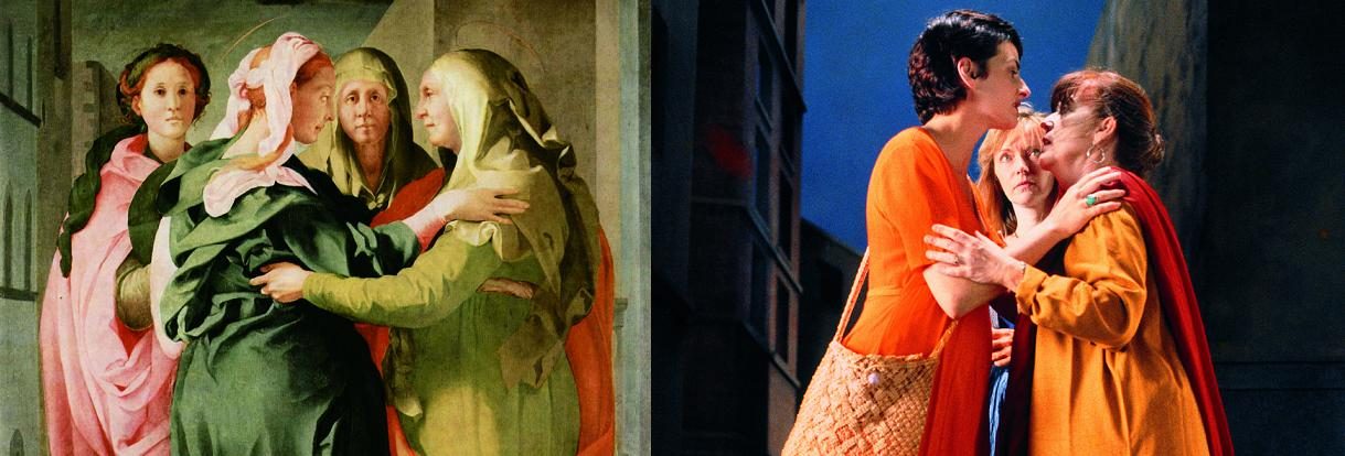 A sinistra, la "Visitazione" del Pontormo (1529), a destra Bill Viola, "The Greeting" (Il saluto), 1995, Courtesy Bill Viola Studio