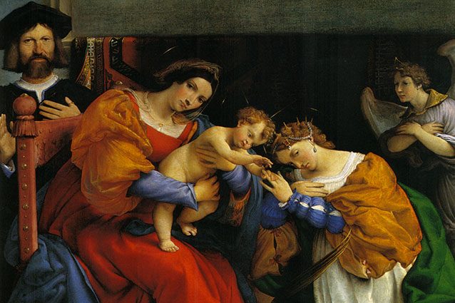 Lorenzo Lotto (Venezia, 1480 – Loreto, 1556/1557)Matrimonio mistico di Santa Caterina di Alessandria, 1523Olio su tela, cm 189,3 x 134,3Bergamo, Accademia Carrara