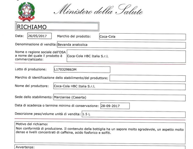 Troppa caffeina: richiamata la Coca Cola da 1,5 libri Troppa caffeina: richiamata la Coca Cola da 1,5 libri