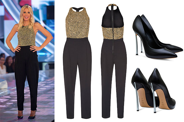Il look di Ilary Blasi al Grande Fratello Vip con tuta Alice+Oliva e scarpe Casadei