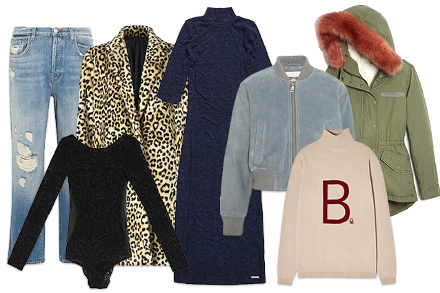 Da sinistra: jeans J brand, cappotto Mango, body Oysho, abito Superdry, bomber See by Chloé, parka Gap, pull Benetton by Stella Jean