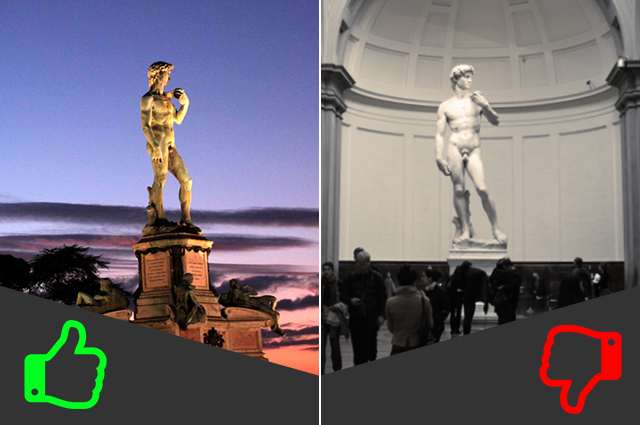 SÌ Piazzale di Michelangelo, NO Galleria dell’Accademia (da sinistra foto da Wikipedia e di Clayton Tang).