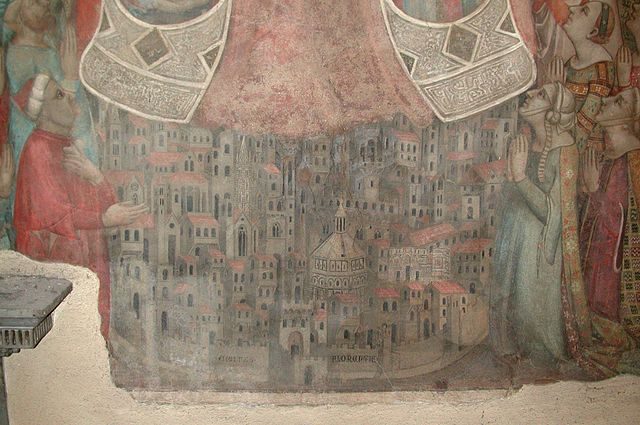 La veduta più antica di Firenze nell'affresco della Madonna della Misericordia (1342) – Foto Wikimedia Commons
