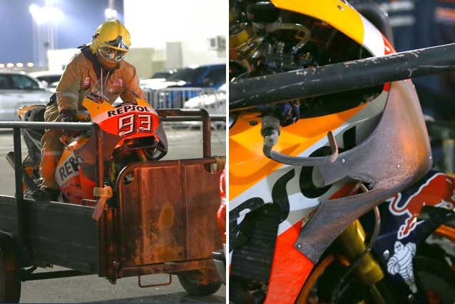 La Honda di Marc Marquez riportata al box / Twitter @GoldandGoose