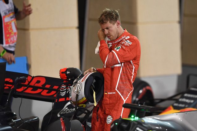 Sebastian Vettel deluso dopo il 3° posto nelle qualifiche del Bahrain – Getty Images