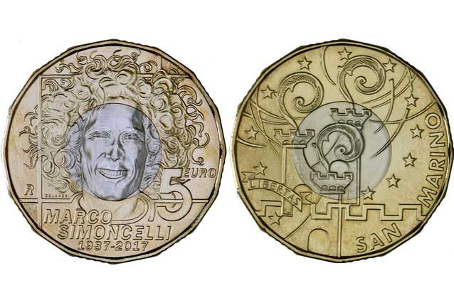 Fronte e retro della moneta dedicata a Marco Simoncelli / Ufficio Numismatico e Filatelico di San Marino