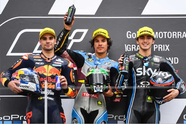 Franco Morbidelli (al centro) con Miguel Oliveira e Francesco Bagnaia sul podio / GettyImages