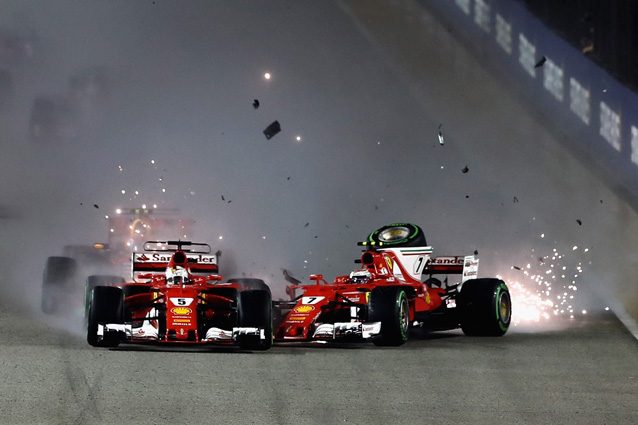 Il contatto tra Vettel e Raikkonen alla partenza del GP di Singapore – Getty Images