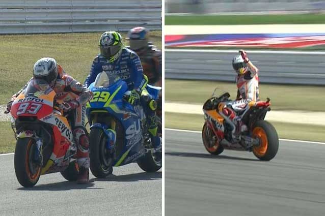 Iannone tocca Marquez (A) e lo spagnolo lo manda a quel paese (B)