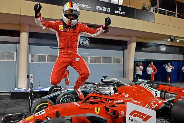 Vettel festeggia la vittoria in Bahrain – Getty images