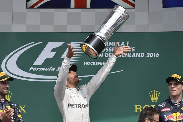 Hamilton festeggia la vittoria del 2016 a Hockenheim – Getty images