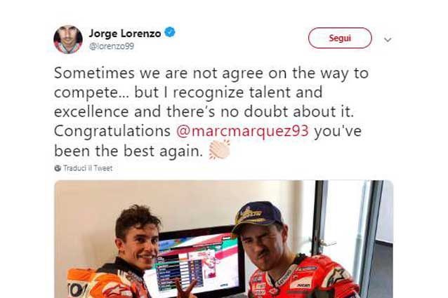 Il tweet di Jorge Lorenzo / Twitter