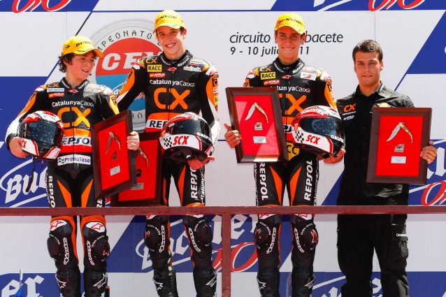 Bagnaia nel 2011 ai Albacete insieme ai compagni di squadra Alex Marquez e Alex Rins / Cev