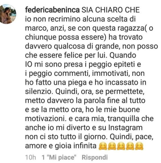 Il commento di Federica Benincà alla presunta relazione