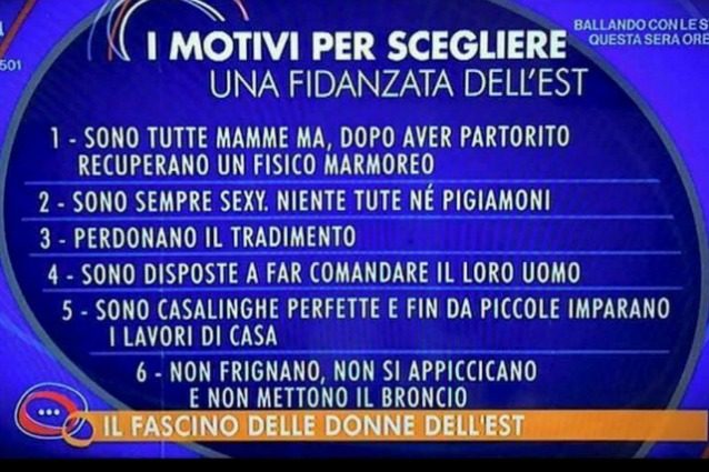 ‘I motivi per scegliere una donna dell’est’, il post razzista a “Parliamone Sabato”