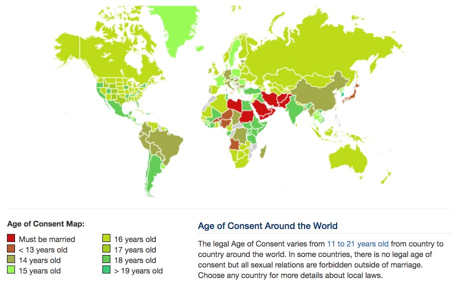 La mappa dell’età del consenso nel mondo (fonte: ageofconsent.net)