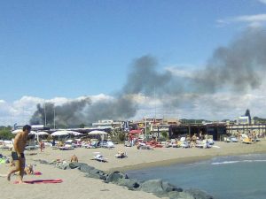 Il fumo sprigionatosi dall'incendio nella pineta di Castel Fusano (Foto di Didi via Twitter)