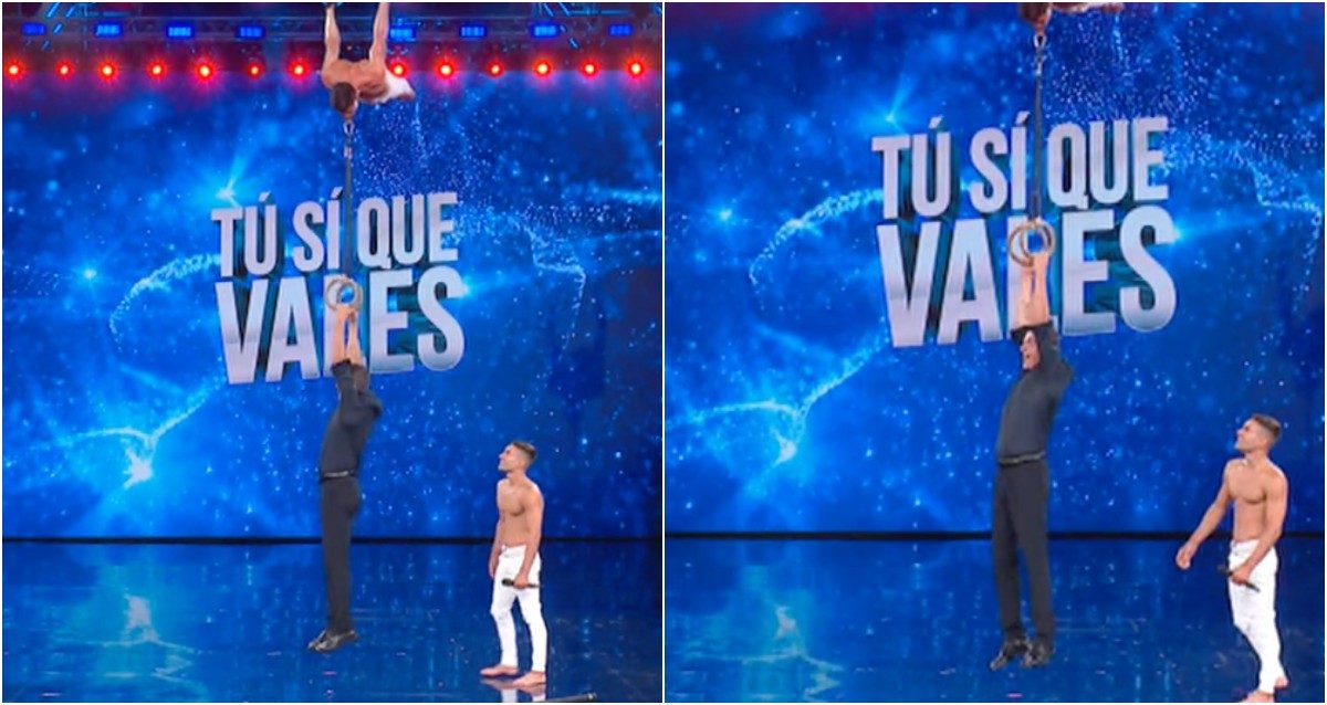 Teo Mammucari sospeso in aria a