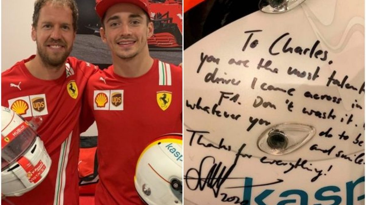La dedica di Vettel sul casco regalato a Leclerc dopo l'ultimo GP con la  Ferrari
