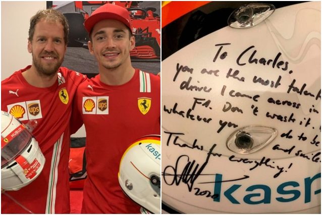La dedica di Vettel sul casco regalato a Leclerc dopo l'ultimo GP con la  Ferrari