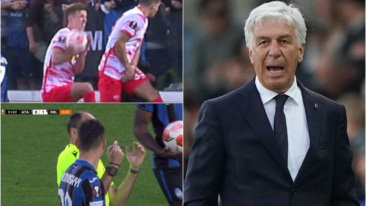 Il tecnico dell’Atalanta, Gasperini, protesta per la mancata concessione del rigore contro il Lipsia.