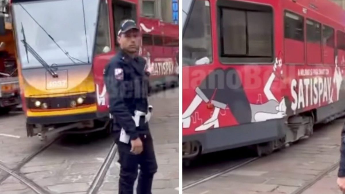 Il tram leggermente uscito dai binari in centro a Milano (Foto: Milanobelladadio su Instagram)