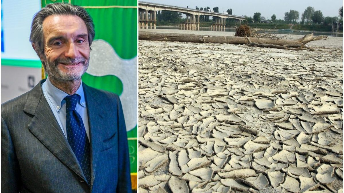 Il presidente della Regione Lombardia, Attilio Fontana, e il fiume Po colpito dalla siccità (foto da Facebook)