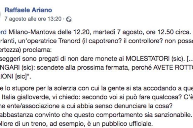 Il post di denuncia (dal profilo di Raffaele Ariano su Facebook)