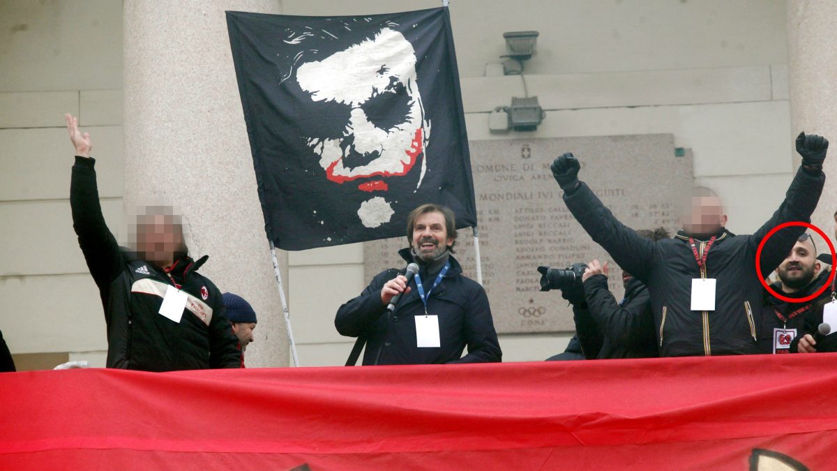Luca Lucci (nel tondo a destra) durante i festeggiamenti per la Curva Sud del Milan