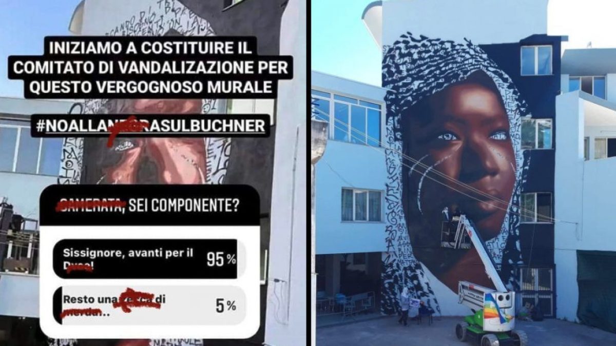 A sinistra il messaggio razzista pubblicato da Ischia Informazione e ripreso da Jorit, a destra il murale