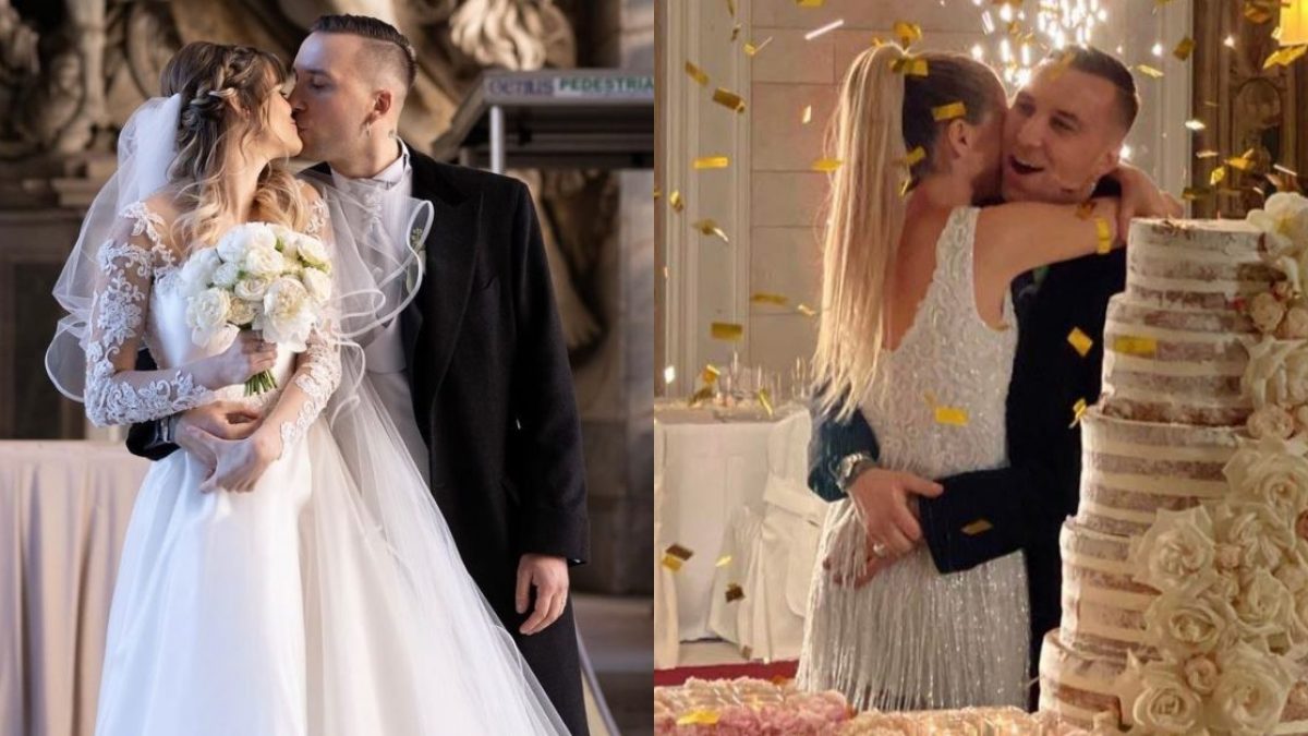 Il matrimonio di Briga e Arianna Montefiori: dal pizzo alle frange, i due  abiti da sposa sono da sogno