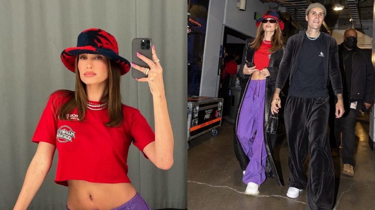 Hailey Bieber rilancia il color block: il look con cappello teddy e  pantaloni over è anni '90