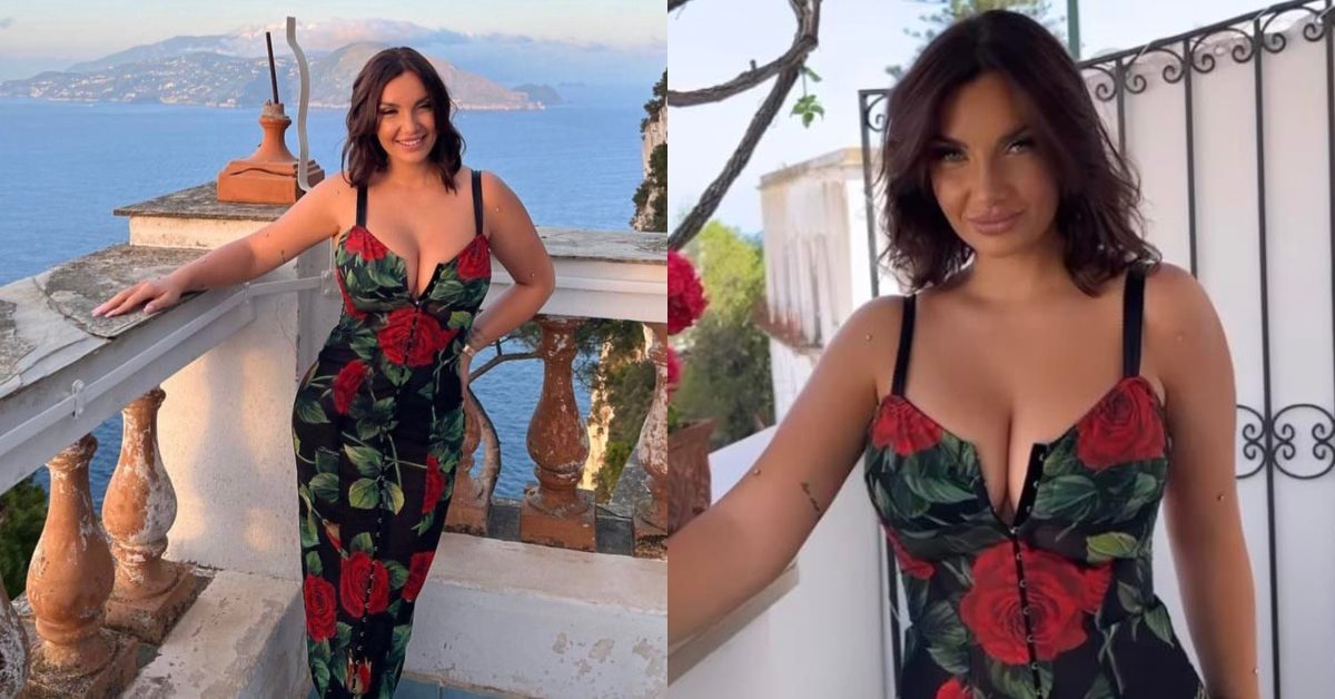 Elettra Lamborghini a fiori al matrimonio di Beatrice Valli: il tubino con  le rose ha la scollatura maxi