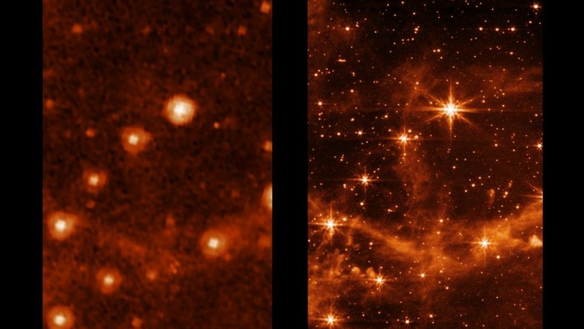 La stessa immagine catturata dallo Spitzer (a sinistra) e dal James Webb (a detsra). Credit: NASA/JPL–Caltech (sinistra), NASA/ESA/CSA/STScI (destra)