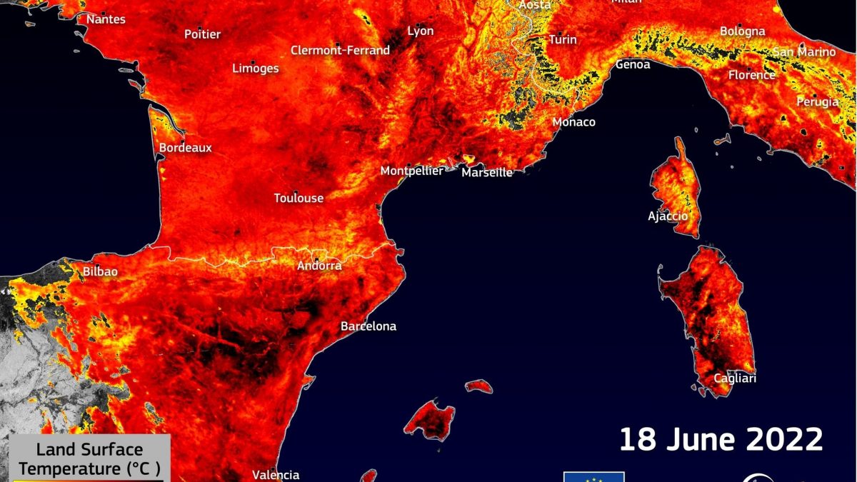 Le temperature estreme che hanno colpito l’Europa sudoccidentale. Credit: Copernicus