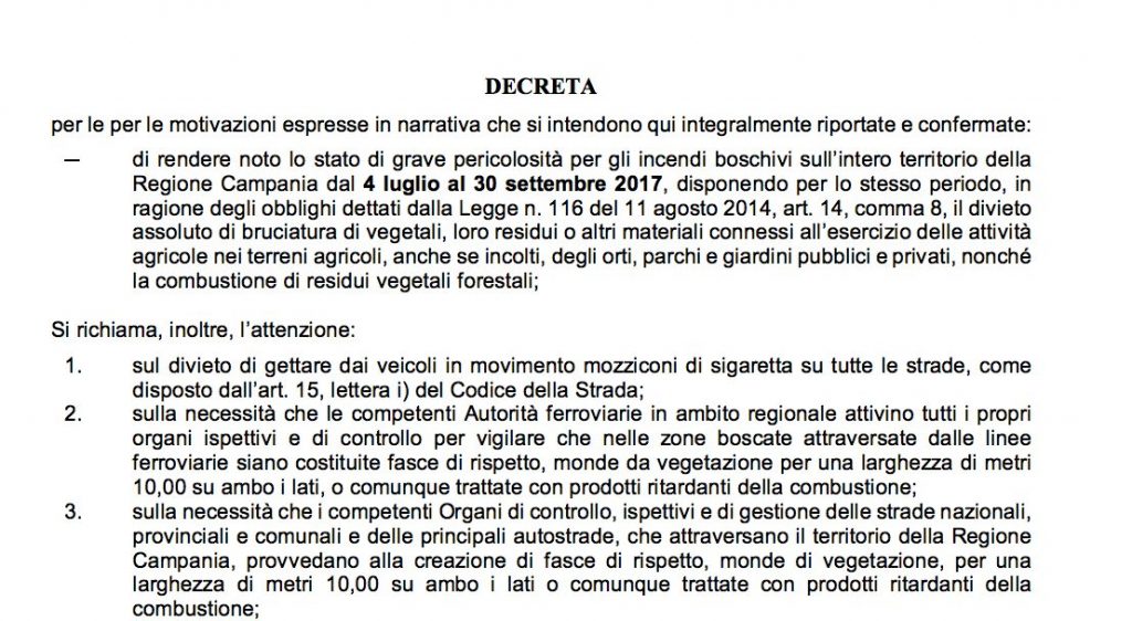 Stralcio del decreto regionale sugli incendi boschivi in Campania