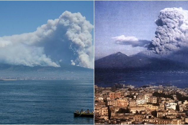 L'incendio sul Vesuvio e a destra l'eruzione del 44